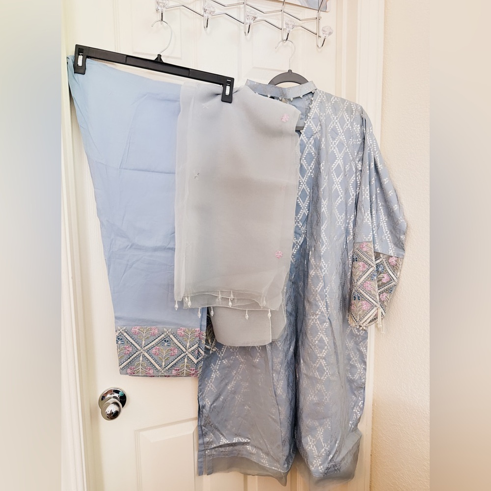 Elegant Light Blue Embroidered Outfit 3 pc set